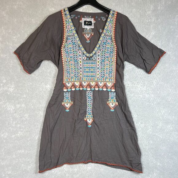 Johnny Was Biya Dress Womens Small Gray Mini Belted Peasant Hippie Embroidered - Picture 1 of 10